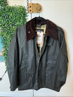 Barbour Olive Waxed Field Jacket with Dark Brown Cord Collar
